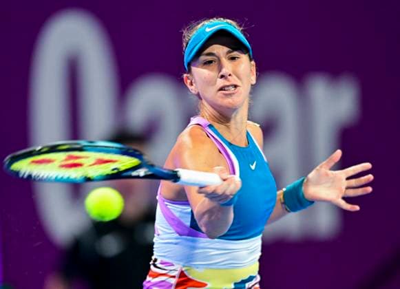 WTA, Tennis Damen Qatar TotalEnergies Open 2023 Belinda Bencig of Switzerland in action against Viktoriya Tomova of Bulgaria at the WTA Qatar TotalEnergies Open tennis tournament at the Khalifa International Tennis Complex in Doha, Qatar, 14 February 2023 DOHA Qatar  Copyright: xNoushadxThekkayilx originalFilename:varittyakkal-wtaqatar230214_npcB8.jpg