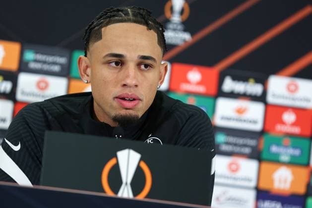 SOCCER - UEFA EL, RBS vs Roma SALZBURG,AUSTRIA,15.FEB.23 - SOCCER - UEFA Europa League, play off, Red Bull Salzburg vs AS Roma, preview, press conference, PK, Pressekonferenz RBS. Image shows Noah Okafor (RBS).  GEPAxpictures xDavidxGeieregger