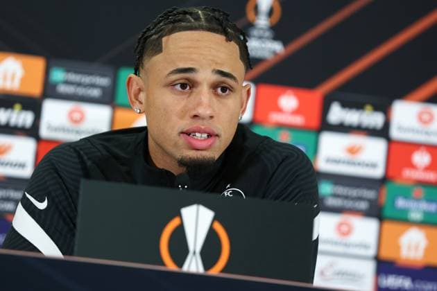 SOCCER - UEFA EL, RBS vs Roma SALZBURG,AUSTRIA,15.FEB.23 - SOCCER - UEFA Europa League, play off, Red Bull Salzburg vs AS Roma, preview, press conference, PK, Pressekonferenz RBS. Image shows Noah Okafor (RBS).  GEPAxpictures xDavidxGeieregger