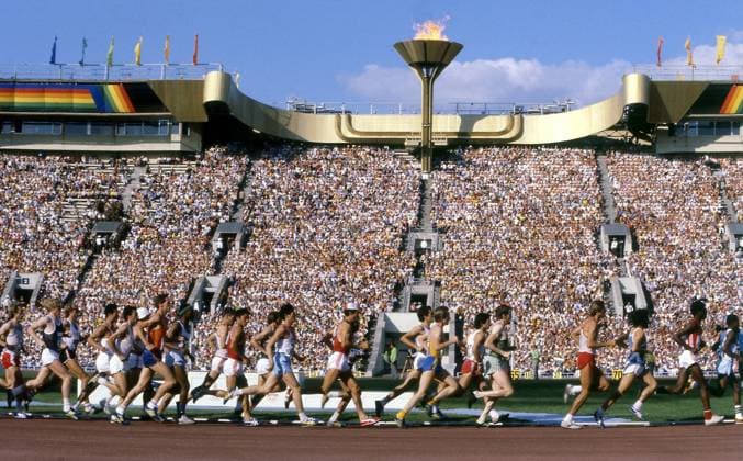 Moscow, USSR. Men s marathon participants compete at the Grand Sports Arena of the Central Lenin Stadium during the 1980 Summer Olympics. Robert Maximov TASS  57361155