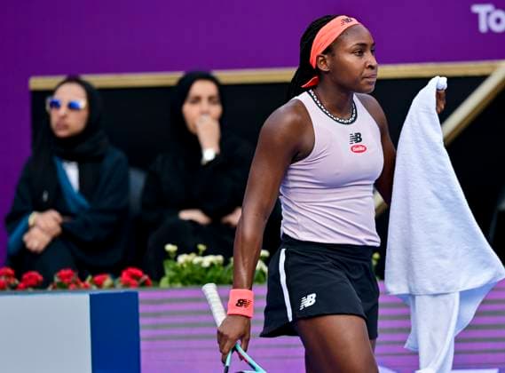 WTA, Tennis Damen Qatar TotalEnergies Open 2023 Coco Gauff of United States react during round of 16 match against Petra Kvitova of Czech Republic at the WTA Qatar TotalEnergies Open tennis tournament at the Khalifa International Tennis Complex in Doha, Qatar, 15 February 2023 DOHA Qatar  Copyright: xNoushadxThekkayilx originalFilename:varittyakkal-wtaqatar230215_np54O.jpg