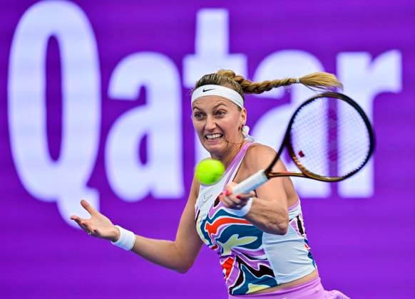 WTA, Tennis Damen Qatar TotalEnergies Open 2023 Petra Kvitova of Czech Republic in action during round of 16 match against Coco Gauff of United States at the WTA Qatar TotalEnergies Open tennis tournament at the Khalifa International Tennis Complex in Doha, Qatar, 15 February 2023 DOHA Qatar  Copyright: xNoushadxThekkayilx originalFilename:varittyakkal-wtaqatar230215_npE5f.jpg