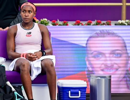 WTA, Tennis Damen Qatar TotalEnergies Open 2023 Coco Gauff of United States react during round of 16 match against Petra Kvitova of Czech Republic at the WTA Qatar TotalEnergies Open tennis tournament at the Khalifa International Tennis Complex in Doha, Qatar, 15 February 2023 DOHA Qatar  Copyright: xNoushadxThekkayilx originalFilename:varittyakkal-wtaqatar230215_npqxJ.jpg