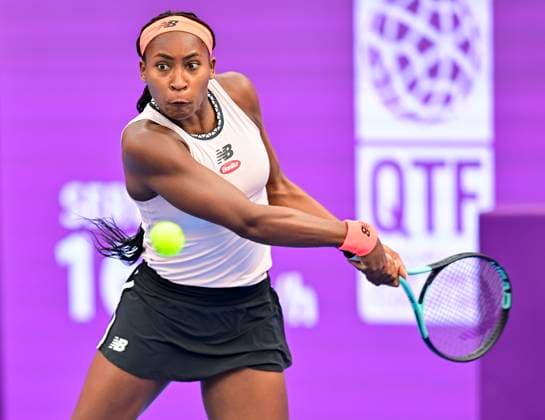 WTA, Tennis Damen Qatar TotalEnergies Open 2023 Coco Gauff of United States in action during round of 16 match against Petra Kvitova of Czech Republic at the WTA Qatar TotalEnergies Open tennis tournament at the Khalifa International Tennis Complex in Doha, Qatar, 15 February 2023 DOHA Qatar  Copyright: xNoushadxThekkayilx originalFilename:varittyakkal-wtaqatar230213_np3xD.jpg