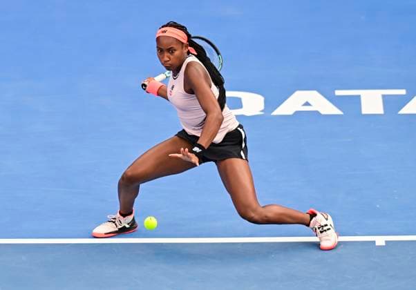 WTA, Tennis Damen Qatar TotalEnergies Open 2023 Coco Gauff of United States in action during round of 16 match against Petra Kvitova of Czech Republic at the WTA Qatar TotalEnergies Open tennis tournament at the Khalifa International Tennis Complex in Doha, Qatar, 15 February 2023 DOHA Qatar  Copyright: xNoushadxThekkayilx originalFilename:varittyakkal-wtaqatar230213_npwNo.jpg