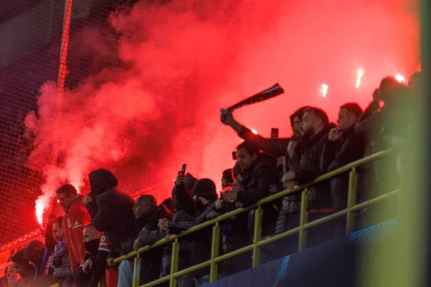 Benfica s supporters pictured during a soccer game between Belgian Club Brugge KV and Portuguese Lisboa e Benfica, Wednesday 15 February 2023 in Brugge, the first leg of the round of 16 of the UEFA Champions League competition. KURTxDESPLENTER  x59938554x