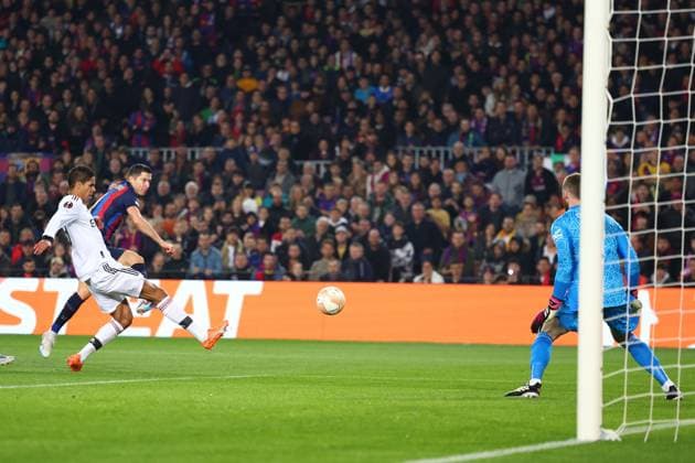 Mandatory Credit: Photo by Simon Dael Shutterstock (13765759p) Robert Lewandowski of Barcelona with a shot on goal Barcelona v Manchester United, ManU UEFA Europa League, Play-Off Round, First Leg, Football, Camp Nou, Barcelona, Spain - 16 Feb 2023 EDITORIAL USE ONLY No use with unauthorised audio, video, data, fixture lists, club league logos or live services. Online in-match use limited to 120 images, no video emulation. No use in betting, games or single club league player publications. Barcelona v Manchester United, UEFA Europa League, Play-Off Round, First Leg, Football, Camp Nou, Barcelona, Spain - 16 Feb 2023 EDITORIAL USE ONLY No use with unauthorised audio, video, data, fixture lists, club league logos or live services. Online in-match use limited to 120 images, no video emulation. No use in betting, games or single club league player publications.  Copyright: xSimonxDael Shutterstockx 13765759p