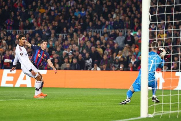 Mandatory Credit: Photo by Simon Dael Shutterstock (13765759q) David De Gea of Manchester United, ManU makes a save from the shot of Robert Lewandowski of Barcelona Barcelona v Manchester United, UEFA Europa League, Play-Off Round, First Leg, Football, Camp Nou, Barcelona, Spain - 16 Feb 2023 EDITORIAL USE ONLY No use with unauthorised audio, video, data, fixture lists, club league logos or live services. Online in-match use limited to 120 images, no video emulation. No use in betting, games or single club league player publications. Barcelona v Manchester United, UEFA Europa League, Play-Off Round, First Leg, Football, Camp Nou, Barcelona, Spain - 16 Feb 2023 EDITORIAL USE ONLY No use with unauthorised audio, video, data, fixture lists, club league logos or live services. Online in-match use limited to 120 images, no video emulation. No use in betting, games or single club league player publications.  Copyright: xSimonxDael Shutterstockx 13765759q