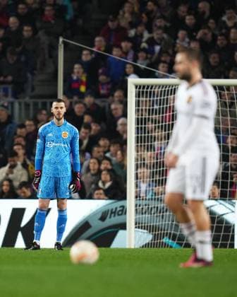 Mandatory Credit: Photo by Bagu Blanco Pressinphoto Shutterstock (13770557aa) David de Gea of Manchester United, ManU FC Barcelona, Barca v Manchester United, UEFA Europa League, Play-off, 1st leg. Football, Spotify Camp Nou Stadium, Barcelona, Spain - 16 Feb 2023 Editorial use only FC Barcelona v Manchester United, UEFA Europa League, Play-off, 1st leg. Football, Spotify Camp Nou Stadium, Barcelona, Spain - 16 Feb 2023 Editorial use only  Copyright: xBaguxBlanco Pressinphoto Shutterstockx 13770557aa