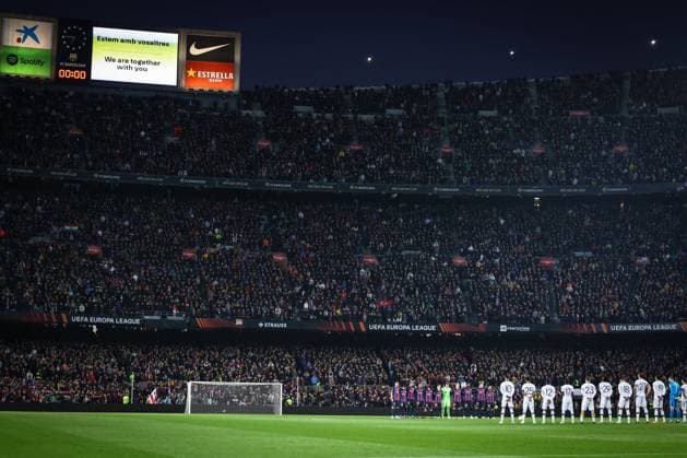 Mandatory Credit: Photo by Simon Dael Shutterstock (13765759aa) Players of both teams line up for a minutes silence for the victims of the earthquake in Turkey Barcelona v Manchester United, ManU UEFA Europa League, Play-Off Round, First Leg, Football, Camp Nou, Barcelona, Spain - 16 Feb 2023 EDITORIAL USE ONLY No use with unauthorised audio, video, data, fixture lists, club league logos or live services. Online in-match use limited to 120 images, no video emulation. No use in betting, games or single club league player publications. Barcelona v Manchester United, UEFA Europa League, Play-Off Round, First Leg, Football, Camp Nou, Barcelona, Spain - 16 Feb 2023 EDITORIAL USE ONLY No use with unauthorised audio, video, data, fixture lists, club league logos or live services. Online in-match use limited to 120 images, no video emulation. No use in betting, games or single club league player publications.  Copyright: xSimonxDael Shutterstockx 13765759aa