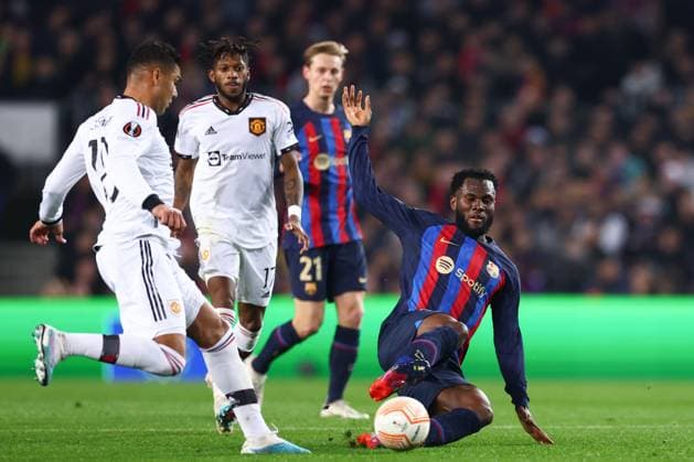 Mandatory Credit: Photo by Simon Dael Shutterstock (13765759ab) Jordi Alba of Barcelona and Casemiro of Manchester United, ManU battle for the ball Barcelona v Manchester United, UEFA Europa League, Play-Off Round, First Leg, Football, Camp Nou, Barcelona, Spain - 16 Feb 2023 EDITORIAL USE ONLY No use with unauthorised audio, video, data, fixture lists, club league logos or live services. Online in-match use limited to 120 images, no video emulation. No use in betting, games or single club league player publications. Barcelona v Manchester United, UEFA Europa League, Play-Off Round, First Leg, Football, Camp Nou, Barcelona, Spain - 16 Feb 2023 EDITORIAL USE ONLY No use with unauthorised audio, video, data, fixture lists, club league logos or live services. Online in-match use limited to 120 images, no video emulation. No use in betting, games or single club league player publications.  Copyright: xSimonxDael Shutterstockx 13765759ab
