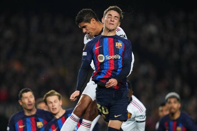 Mandatory Credit: Photo by Bagu Blanco Pressinphoto Shutterstock (13770557al) Raphael Varane of Manchester United, ManU and Pablo Martin Gavira Gavi of FC Barcelona, Barca FC Barcelona v Manchester United, UEFA Europa League, Play-off, 1st leg. Football, Spotify Camp Nou Stadium, Barcelona, Spain - 16 Feb 2023 Editorial use only FC Barcelona v Manchester United, UEFA Europa League, Play-off, 1st leg. Football, Spotify Camp Nou Stadium, Barcelona, Spain - 16 Feb 2023 Editorial use only  Copyright: xBaguxBlanco Pressinphoto Shutterstockx 13770557al