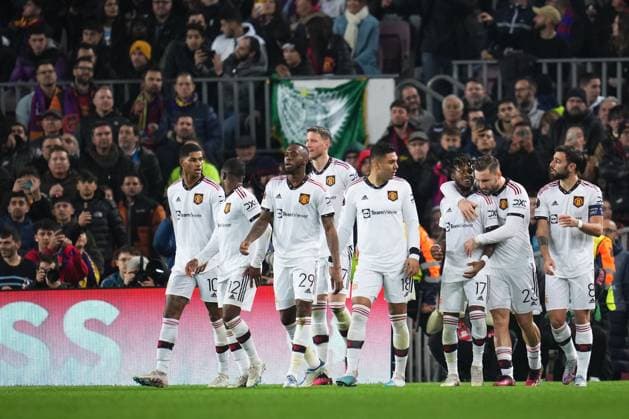 Mandatory Credit: Photo by Bagu Blanco Pressinphoto Shutterstock (13770557aw) Manchester United, ManU players celebrating the 1-1 FC Barcelona, Barca v Manchester United, UEFA Europa League, Play-off, 1st leg. Football, Spotify Camp Nou Stadium, Barcelona, Spain - 16 Feb 2023 Editorial use only FC Barcelona v Manchester United, UEFA Europa League, Play-off, 1st leg. Football, Spotify Camp Nou Stadium, Barcelona, Spain - 16 Feb 2023 Editorial use only Copyright: xBaguxBlanco Pressinphoto Shutterstockx 13770557aw
