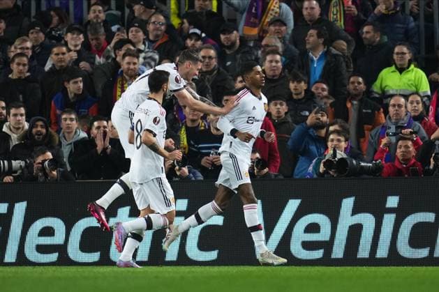 Mandatory Credit: Photo by Bagu Blanco Pressinphoto Shutterstock (13770557ar) Manchester United, ManU players celebrating the 1-1 FC Barcelona, Barca v Manchester United, UEFA Europa League, Play-off, 1st leg. Football, Spotify Camp Nou Stadium, Barcelona, Spain - 16 Feb 2023 Editorial use only FC Barcelona v Manchester United, UEFA Europa League, Play-off, 1st leg. Football, Spotify Camp Nou Stadium, Barcelona, Spain - 16 Feb 2023 Editorial use only Copyright: xBaguxBlanco Pressinphoto Shutterstockx 13770557ar