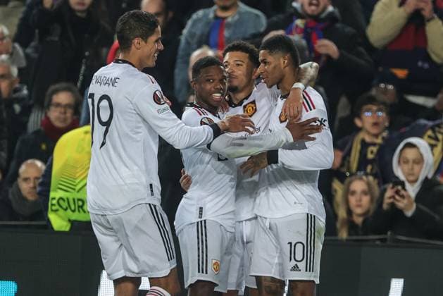 UEFA Europa League Knockout Round Play-Offs Barcelona v Manchester United, ManU Marcus Rashford 10 of Manchester United celebrates an own goal from Jules KoundÃ 23 of Barcelona after connecting with his shot on goal during the UEFA Europa League Knockout Round Play-Offs Barcelona vs Manchester United at Spotify Camp Nou, Barcelona, Spain, 16th February 2023 (Photo by Mark Cosgrove News Images) Barcelona Camp Nou Catalonia Spain Copyright: xMarkxCosgrove NewsxImagesx