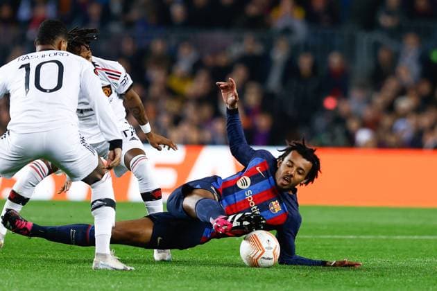 February 16, 2023, BARCELONA, BARCELONA, SPAIN: Jules Kounde of FC Barcelona, Barca in action during the UEFA Europa League, knockout round play-off, football match played between FC Barcelona and Manchester United, ManU at Spotify Camp Nou stadium on February 16, 2023, in Barcelona, Spain. BARCELONA SPAIN - ZUMAa181 20230216_zaa_a181_006 Copyright: xOscarxJ.xBarrosox