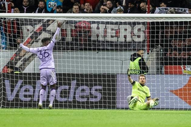Leverkusen, Bayarena, 16.02.23: Breel Embolo of Monaco celebrates scoring the 1:0 goal against goalkeeper Lukas Hradecky of Leverkusen during the championsleague match between Bayer 04 Leverkusen v. AS Monaco FC.