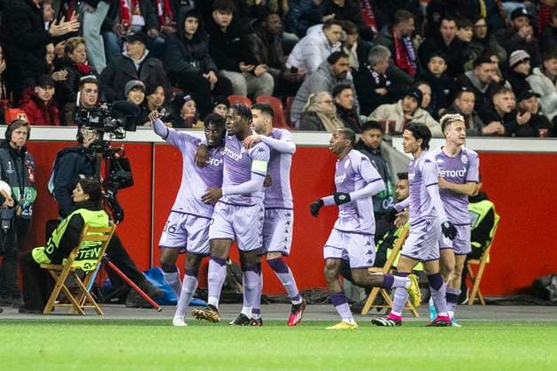 Leverkusen, Bayarena, 16.02.23: Breel Embolo of Monaco (L) celebrates scoring the 1:0 goal with teammates during the championsleague match between Bayer 04 Leverkusen v. AS Monaco FC.