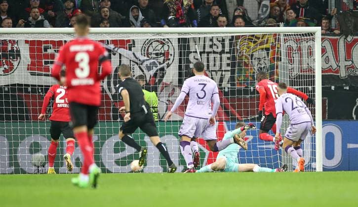 16.02.2023, Fussball UEFA Europa League 2022 2023, K.-o.-Runden-Play-off, Bayer 04 Leverkusen - AS Monaco, in der BayArena Leverkusen. Tor zum 1:1