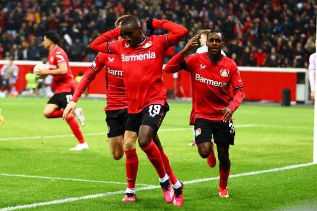 Tor fuer Leverkusen durch Moussa Diaby (Bayer 04 Leverkusen) Bayer 04 Leverkusen vs. AS Monaco, Fussball, UEFA Europa League, K.O Round Play-Off Hinspiel, Spielzeit 2022 2023, 16.02.2023 Leverkusen Nordrhein-Westfalen Deutschland