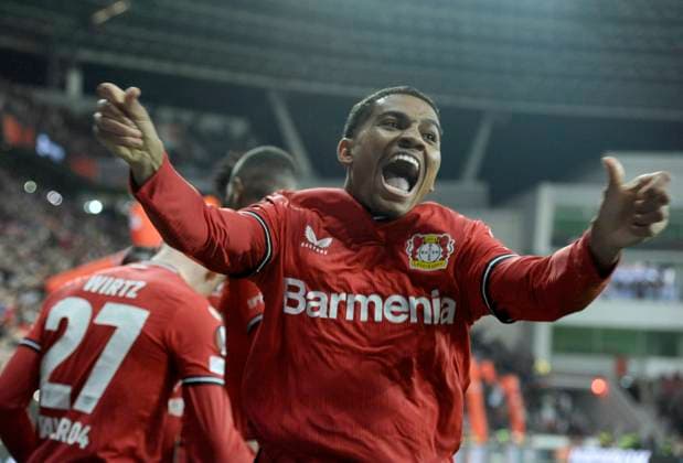 BayArena Leverkusen, 16.2.2023, Fussball: UEFA Europa League Saison 2022 23, Play-off Runde, Bayer 04 Leverkusen (B04) vs. AS Monaco (ASM) Amine Adli (B04) jubelt UEFA REGULATIONS PROHIBIT ANY USE OF PHOTOGRAPHS AS IMAGE SEQUENCES AND OR QUASI-VIDEO