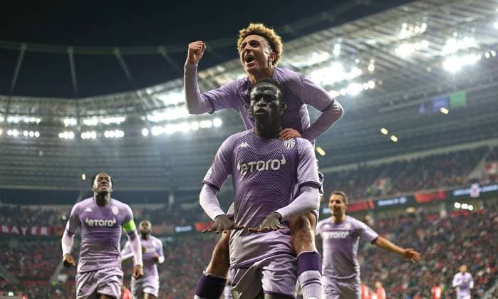 Sport Themen der Woche KW07 Sport Bilder des Tages 16.02.2023, Fussball UEFA Europa League 2022 2023, K.-o.-Runden-Play-off, Bayer 04 Leverkusen - AS Monaco, in der BayArena Leverkusen. Jubel (L-R) Torschütze Krepin Diatta (AS Monaco) und Eliesse Ben Seghir (AS Monaco) zum Tor zum 2:2 ***DFL and DFB regulations prohibit any use of photographs as image sequences and or quasi-video.*** *** 16 02 2023, Football UEFA Europa League 2022 2023, K o Runden Play off, Bayer 04 Leverkusen AS Monaco, in the BayArena Leverkusen Jubel L R scorer Krepin Diatta AS Monaco and Eliesse Ben Seghir AS Monaco to the goal to 2 2 DFL and DFB regulations prohibit any use of photographs as image sequences and or quasi video