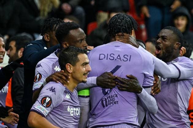 Sport Bilder des Tages GER, Europa League, Bayer Leverkusen vs. AS Monaco 16.02.2023, BayArena , Leverkusen , GER, Europa League, Bayer Leverkusen vs. AS Monaco im Bild picture shows Axel Disasi (AS Monaco 6) jubelt nach seinem Tor zum 3:2 für AS Monaco.