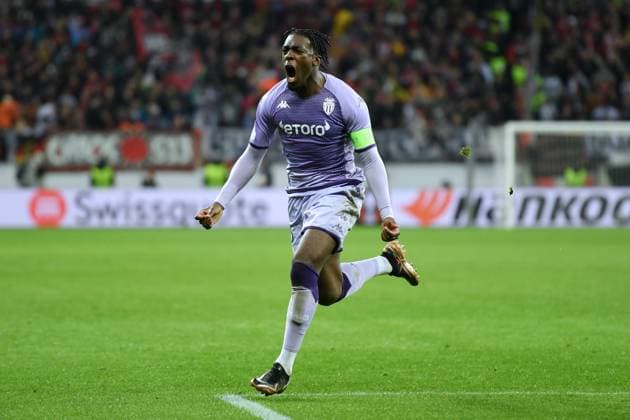 Jubel Axel Disasi (AS Monaco) 16.02.2023, Fussball Europa League, Saison 2022 23, K.o. Runden Play off, Bayer 04 Leverkusen - AS Monaco Leverkusen BayArena Nordrhein Westfalen Deutschland