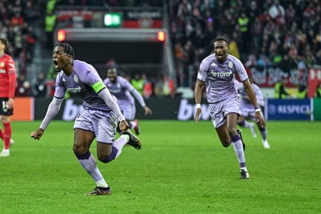 GER, Europa League, Bayer Leverkusen vs. AS Monaco 16.02.2023, BayArena , Leverkusen , GER, Europa League, Bayer Leverkusen vs. AS Monaco im Bild picture shows Axel Disasi (AS Monaco 6) jubelt nach seinem Tor zum 3:2 für AS Monaco.