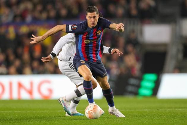 Barcelona v Manchester United, ManU Europa League 16 02 2023. Barcelona forward Robert Lewandowski (9) during the Europa League match between Barcelona and Manchester United at Camp Nou, Barcelona, Spain on 16 February 2023. Barcelona Camp Nou Barcelona Spain Editorial use only DataCo restrictions apply See www.football-dataco.com , Copyright: xPhilxDuncanx PSI-16922-0053