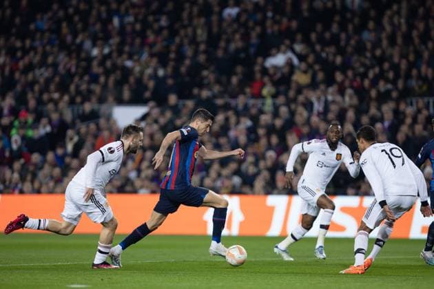 February 16, 2023, Barcelona, Spain: Robert Lewandowski of FC Barcelona, Barca during the UEFA Europa League knockout round play-off leg one match between FC Barcelona and Manchester United, ManU at Spotify Camp Nou in Barcelona, Spain. Barcelona Spain - ZUMAd159 20230216_zia_d159_005 Copyright: xGerardxFrancox