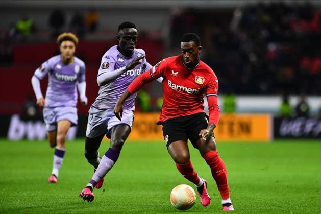 LEVERKUSEN, GERMANY - 16.02.23: Callum Hudson-Odoi vs Krepin Diatta. The match of match UEFA Europa League Bayer 04 Leverkusen vs AS Monaco FC at Bayarena  Copyright: xVITALIIxKLIUIEVx