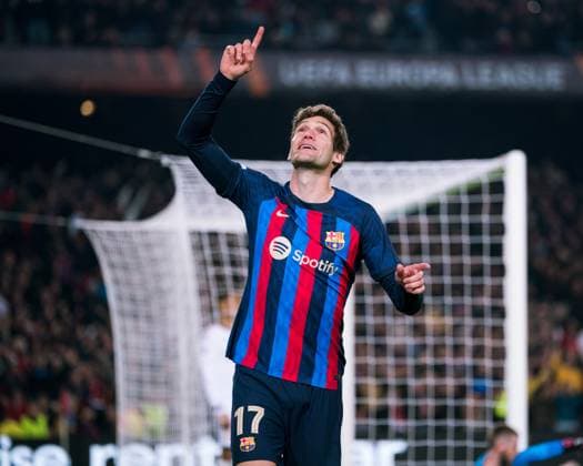 (230217) -- BARCELONA, Feb. 17, 2023 -- Marcos Alonso of Barcelona celebrates a goal during an Europa League football match between Barcelona and Manchester United, ManU in Barcelona, Spain, Feb. 16, 2023. (Photo by Gosa Xinhua) (SP)SPAIN-BARCELONA-FOOTBALL-UEFA-EUROPA LEAGUE-BARCELONA VS MANCHESTER UNITED Joan 