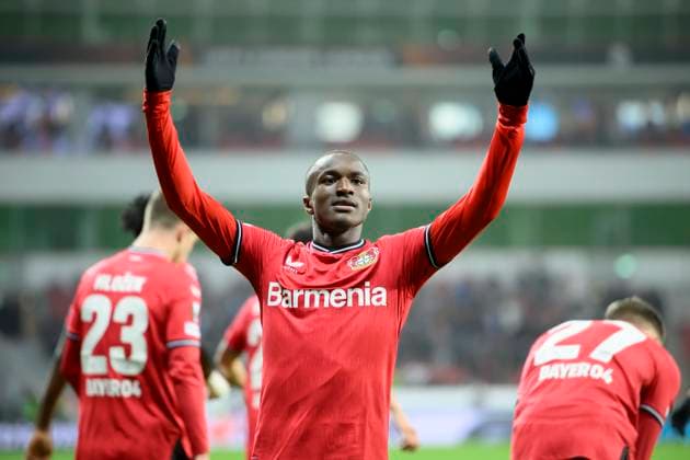 Jubel Moussa DIABY (LEV) nach seinem Tor zum 1:1, Fussball Europa League, K.-o. Runde - Play-off Hinspiel, Bayer 04 Leverkusen (LEV) - AS Monaco, am 16.02.2023 in Leverkusen Deutschland. UEFA regulations prohibit any use of photographs as image sequences and or quasi-video Â
