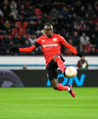 BayArena Leverkusen, 16.2.2023, Fussball: UEFA Europa League Saison 2022 23, Play-off Runde, Bayer 04 Leverkusen (B04) vs. AS Monaco (ASM) Moussa Diaby (B04) UEFA REGULATIONS PROHIBIT ANY USE OF PHOTOGRAPHS AS IMAGE SEQUENCES AND OR QUASI-VIDEO