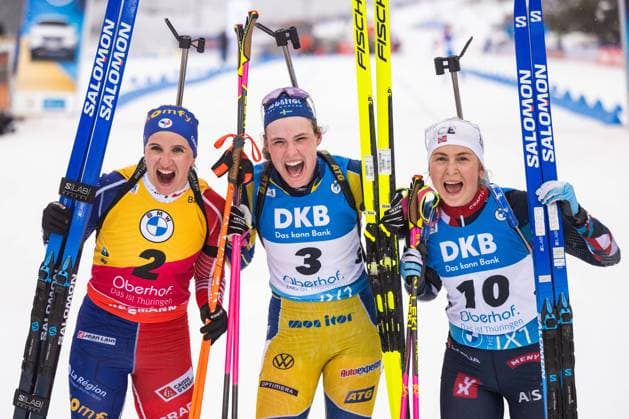 Bilder des Jahres 2023, Sport 02 Februar Sport Themen der Woche KW07 Sport Bilder des Tages 230219 Bronze medalist Julia Simon of France, Gold medalist Hanna Öberg of Sweden and Silver medalist Ingrid Landmark Tandrevold of Norway celebrates after Women s 12,5 km Mass Start during the IBU Biathlon World Championships on February 19, 2023 in Oberhof. Photo: Mathias Bergeld BILDBYRAN kod MB MB0560 skidskytte biathlon skiskyting skidskytte-vm vm ibu world championships biathlon world championships day 12 bbeng dam women kvinner masstart mass start jubel guld norge sverige *** 230219 Bronze medalist Julia Simon of France, Gold medalist Hanna Öberg of Sweden and Silver medalist Ingrid Landmark Tandrevold of Norway celebrates after Womens 12.5 km Mass Start during the IBU Biathlon World Championships on February 19, 2023 in Oberhof Photo Mathias Bergeld BILDBYRAN kod MB MB0560 biathlon biathlon biathlon biathlon world championships ibu world championships biathlon world championships day 12 bbeng women women women mass start mass start jubel gold norway sweden,  Copyright: MATHIASxBERGELD BB230219MB147