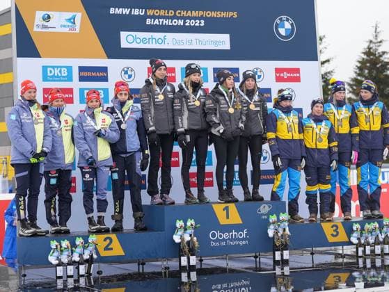 Die Sieger des Staffelrennens GER, BMW IBU Biathlon Weltmeisterschaft Oberhof, Rennen 4x6_km Staffel der Frauen, 18.02.2023, Saison 2022 2023 GER, BMW IBU Biathlon Weltmeisterschaft Oberhof, Rennen 4x6_km Staffel der Frauen, 18.02.2023, Saison 2022 2023 Oberhof Copyright: xEibner-Pressefoto JohannxMedveyx EP_JMY