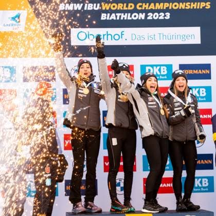 19.02.2023, GER, Biathlon, Saison 2022 2023, BMW IBU Weltmeisterschaften, WOMEN 4X6KM RELAY COMOLA Samuela WIERER Dorothea AUCHENTALLER Hannah VITTOZZI Lisa Oberhof Lotto Thüringen Arena am Rennst Thüringen Deutschland