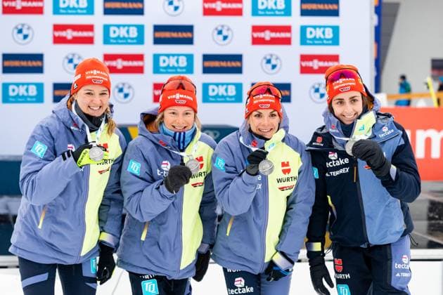 19.02.2023, GER, Biathlon, Saison 2022 2023, BMW IBU Weltmeisterschaften, WOMEN 4X6KM RELAY VOIGT Vanessa KEBINGER Hanna SCHNEIDER Sophia HERRMANN-WICK Denise Oberhof Lotto Thüringen Arena am Rennst Thüringen Deutschland