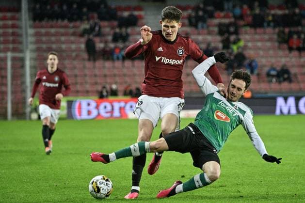 Utkani 20. kola prvni fotbalove ligy: AC Sparta Praha - FK Jablonec, 19. unora 2023, Praha. Zleva Martin Vitik ze Sparty a Michal Cernak z Jablonce. CTKPhotoP2023021906567  CTKPhotoP2023021906567