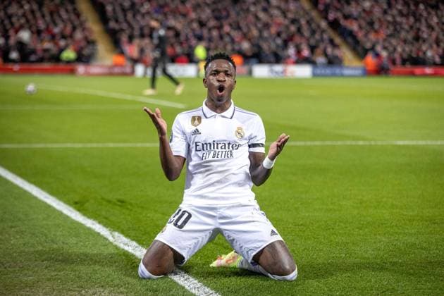 Sport Themen der Woche KW08 Sport Bilder des Tages Liverpool v Real Madrid Champions League 21 02 2023. GOAL 2-2 Real Madrid forward Vinicius Junior (20) scores and celebrates during the Champions League match between Liverpool and Real Madrid at Anfield, Liverpool, England on 21 February 2023. Editorial use only , Copyright: xIanxStephenx PSI-16955-0025