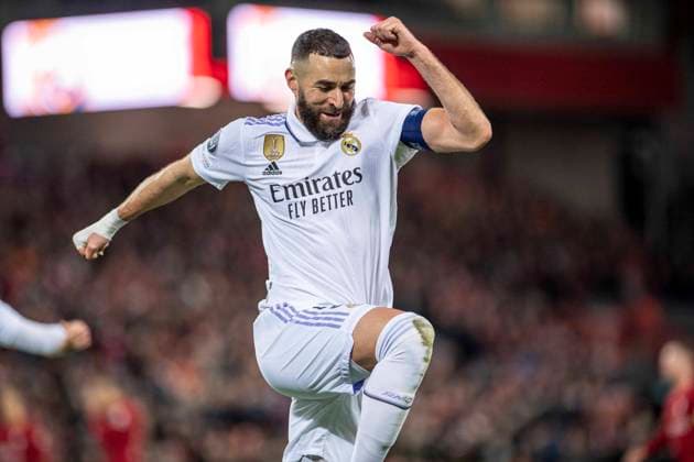 UEFA Champions League round of 16 match Liverpool vs Real Madrid at Anfield, Liverpool. Picture date: Tuesday February 21, 2023. Benzema celebrates a goal 900 Cordon Press