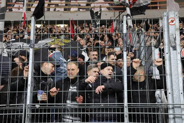 February 21, 2023, Francoforte sul Meno, CAMPANIA, Germany: During the Champions League Football match FC Eintracht Frankfurt vs SSC Napoli on February 21 , 2023 at the stadium Deutsche Bank Park in Frankfurt..In picture: supporters Eintracht Francoforte Francoforte sul Meno Germany - ZUMAs236 20230221_zap_s236_154 Copyright: xFabioxSassox