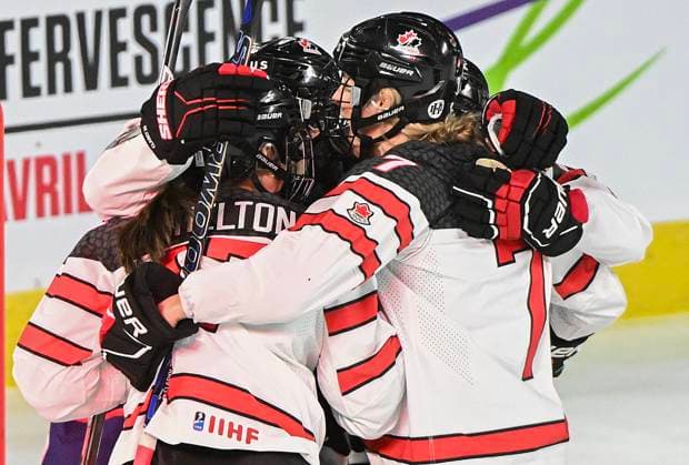 February 22, 2023, Laval, PQ, Canada: Players from Canada celebrate a goal by Ella Shelton against the USA during first period Rivalry Series hockey action in Laval, Que., Wednesday, February 22, 2023. Ella Shelton,  - ZUMAc35_ 20230222_zaf_c35_166 Copyright: xGrahamxHughesx