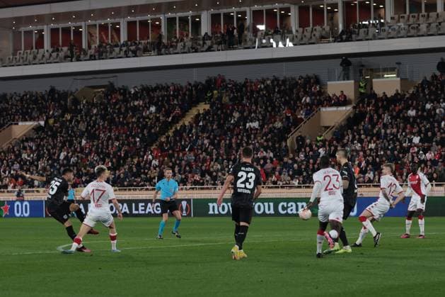 Monaco, Monaco, 23rd February 2023. Exequiel Palacios of Bayer Leverkusen scores to give the side a 2-1 lead during the UEFA Europa League match at Stade Louis II, Monaco. Picture credit should read: Jonathan Moscrop Sportimage EDITORIAL USE ONLY. No use with unauthorised audio, video, data, fixture lists, club league logos or live services. Online in-match use limited to 120 images, no video emulation. No use in betting, games or single club league player publications. SPI-2233-0015