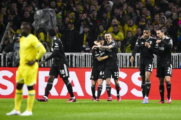 joie des joueurs de la Juventus apres le but de Angel Di Maria (Juventus) FOOTBALL : Nantes vs Juventus de Turin - Barrage retour Ligue Europa - 23 02 2023 JBAutissier Panoramic 