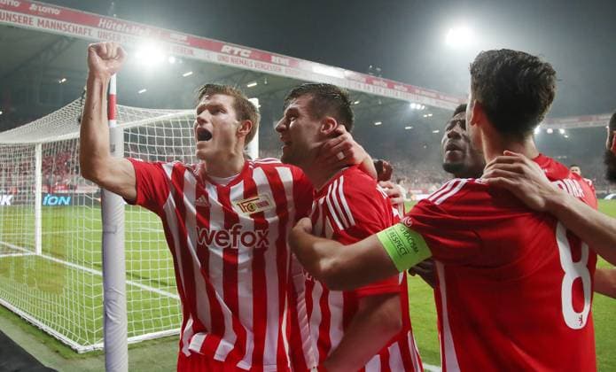 Robin Knoche jubelnd nach 1:0, Kevin Behrens, Rani Khedira Freude Emotion Jubel Fußball Fussball UEL UEFA Europa League Herren Saison 2022 2023 23.02.2023 1.FC Union Berlin FCU vs. Ajax Amsterdam DFL regulations prohibit any use of photographs as image sequences and or quasi-video.