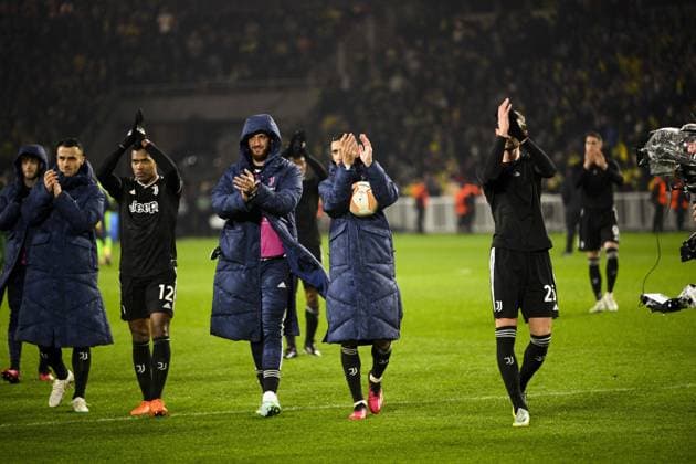 joie des joueurs de la Juventus en fin de match Angel Di Maria (Juventus) FOOTBALL : Nantes vs Juventus de Turin - Barrage retour Ligue Europa - 23 02 2023 JBAutissier Panoramic 