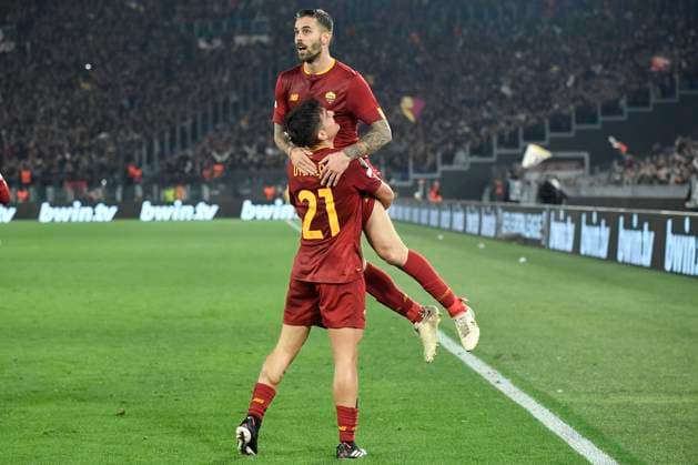 Paulo Dybala of AS Roma celebrates with Leonardo Spinazzola after scoring the goal of 2-0 during the Europa League football match between AS Roma and FC Salzburg at Olimpico stadium in Roma (Italy), February 23th, 2023. Photo Andrea Staccioli Insidefoto andreaxstaccioli
