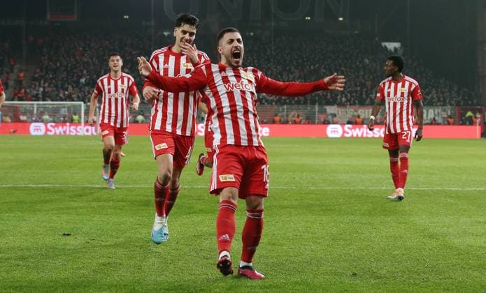 Josip Juranovic jubelnd nach 2:0 Freude Emotion Jubel Fußball Fussball UEL UEFA Europa League Herren Saison 2022 2023 23.02.2023 1.FC Union Berlin FCU vs. Ajax Amsterdam DFL regulations prohibit any use of photographs as image sequences and or quasi-video.
